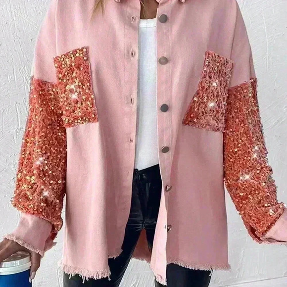 Baby Pink Party Women's Turn-Down Collar Contrast Sequin Raw Hem Button Shacket - Picture 4 of 5